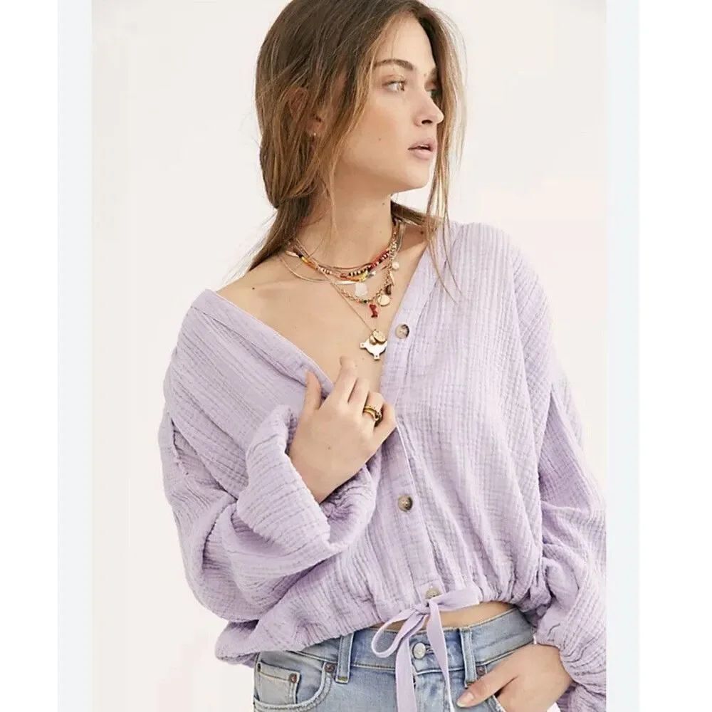 Free People Rising Sun Textured Relaxed Gauze Button Front Blouse XS Lavender